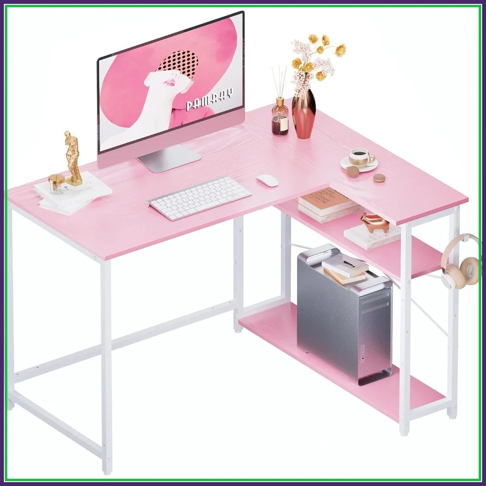 

43" L-Shaped Corner Desk with Reversible Storage, Small Home Office Writing Table for Bedroom, Pink & White