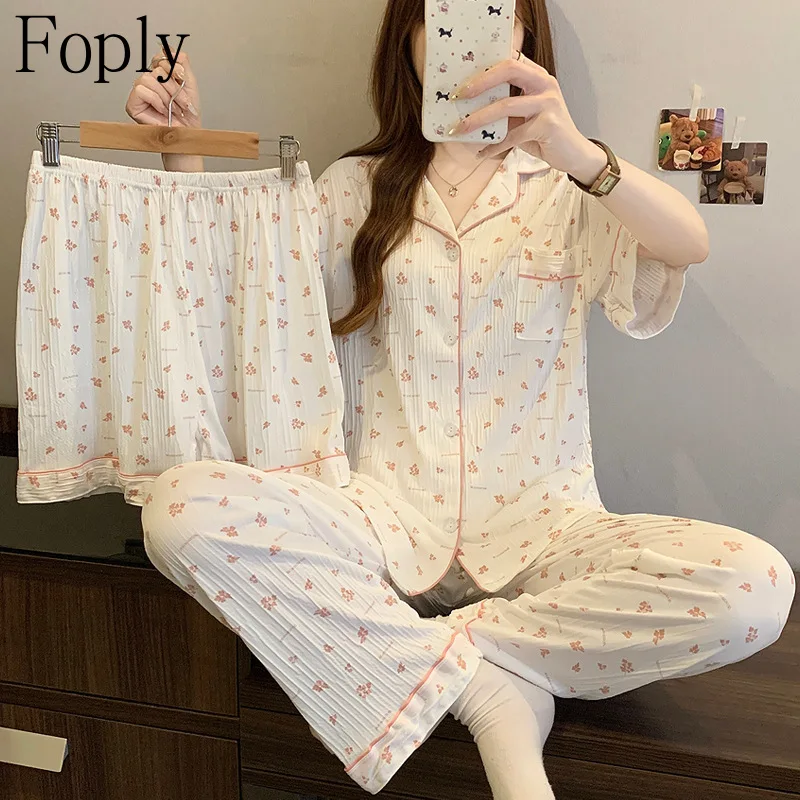 

Женский пижамный комплект из 3 предметов, корейский цветочный принт, летняя мятая тканевая пижама, одежда для сна, брюки с короткими рукавами, Pijama Pjs Loungewea
