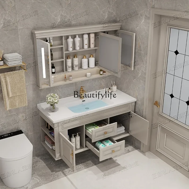 American smart oak bathroom cabinet combination ceramic integrated basin solid wood bathroom washstand