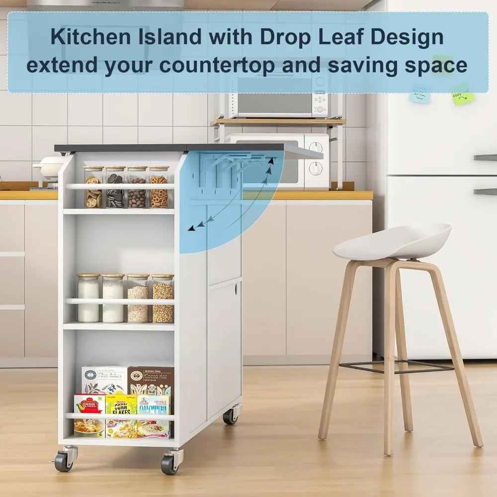 

Rolling Kitchen Island with Drop Leaf Storage Cabinet LED Light And Power Outlet Spice Organizer on Wheels
