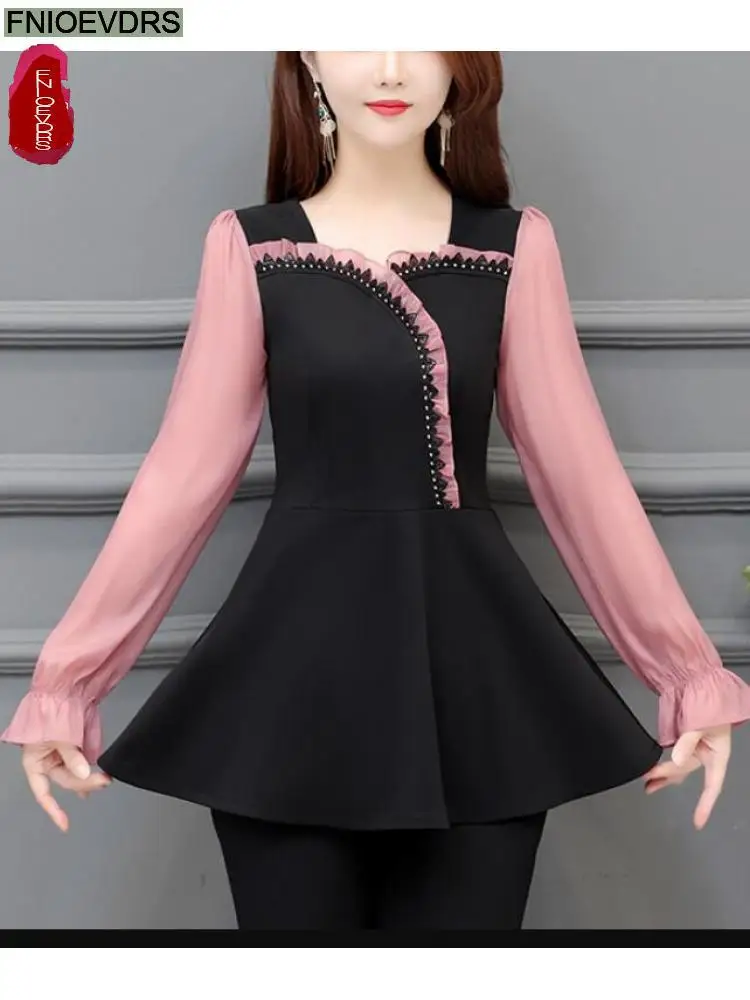 2022 Autumn Spring Basic Shirt Tunic Top Women Long Sleeve Elegant Office Lady Patchwork Ruffles Belly Design Peplum Top Blouses