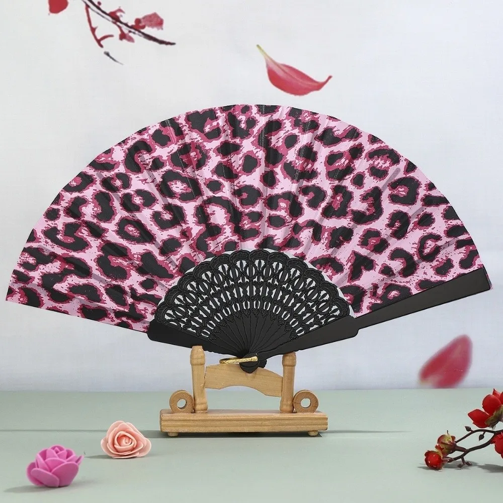 Art Craft Collapsible Folding Fan Decorative Handheld Cloth Fan Tassel Leopard Print Fan Summer Season