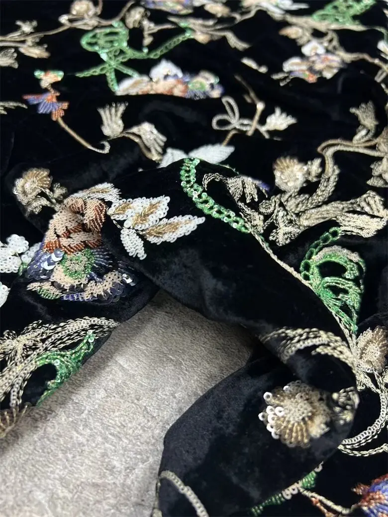 New High-Precision Black Bottom Silk Velvet Color Machine Embroidery Fabric National Style Top Vest Coat Fabric
