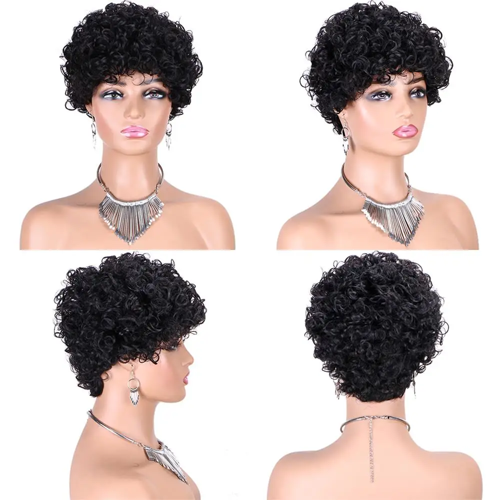 Pixie-Locken-Kurzhaarperücke aus Echthaar, maschinell gefertigt, für Frauen, kurze Perücke, Farbe 99J Burgunderrot, natürlicher Look, für den täglichen Gebrauch. – Detail 8