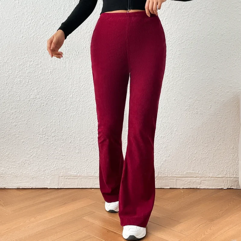 

2024 Solid Corduroy Pants Fashion Long Micro-flared Pants with Pocket Elastic Women Casual Trousers Pantalon Femme New 26067