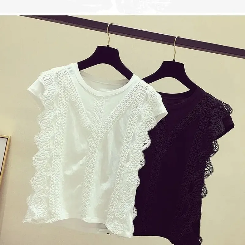 Women Summer Fashion Blouses Tops Lace Patch Buttoned Casual V-Neck Short Sleeve Plain Daily Blusas Shirt Clothes