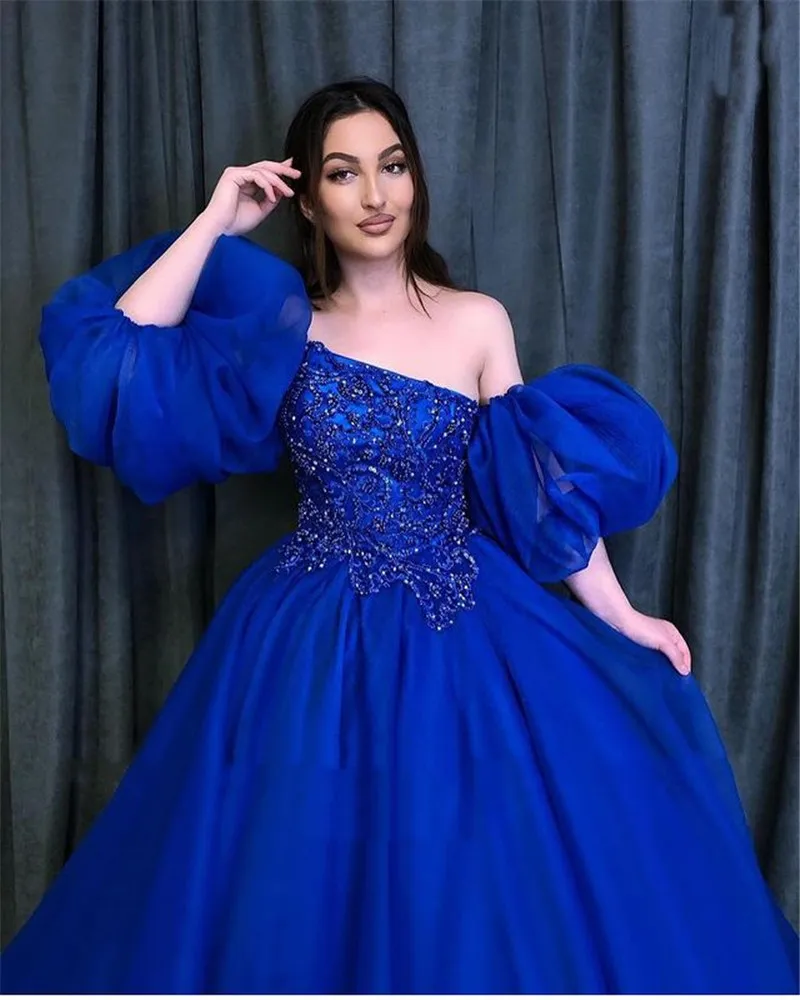 Vestido De 15 Anos Quinceanera Dresses 2024 Short Puffy Sleeves Robes De Soirée Beaded Applique Royal Blue Long Prom Party Gowns