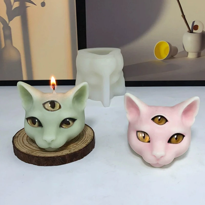 Three Eyes Cat Head Silicone Candle Mold 3D Animal Soap Plaster Resin Decorative Crafts Making Kit DIY Chocolate Ice Baking Mold