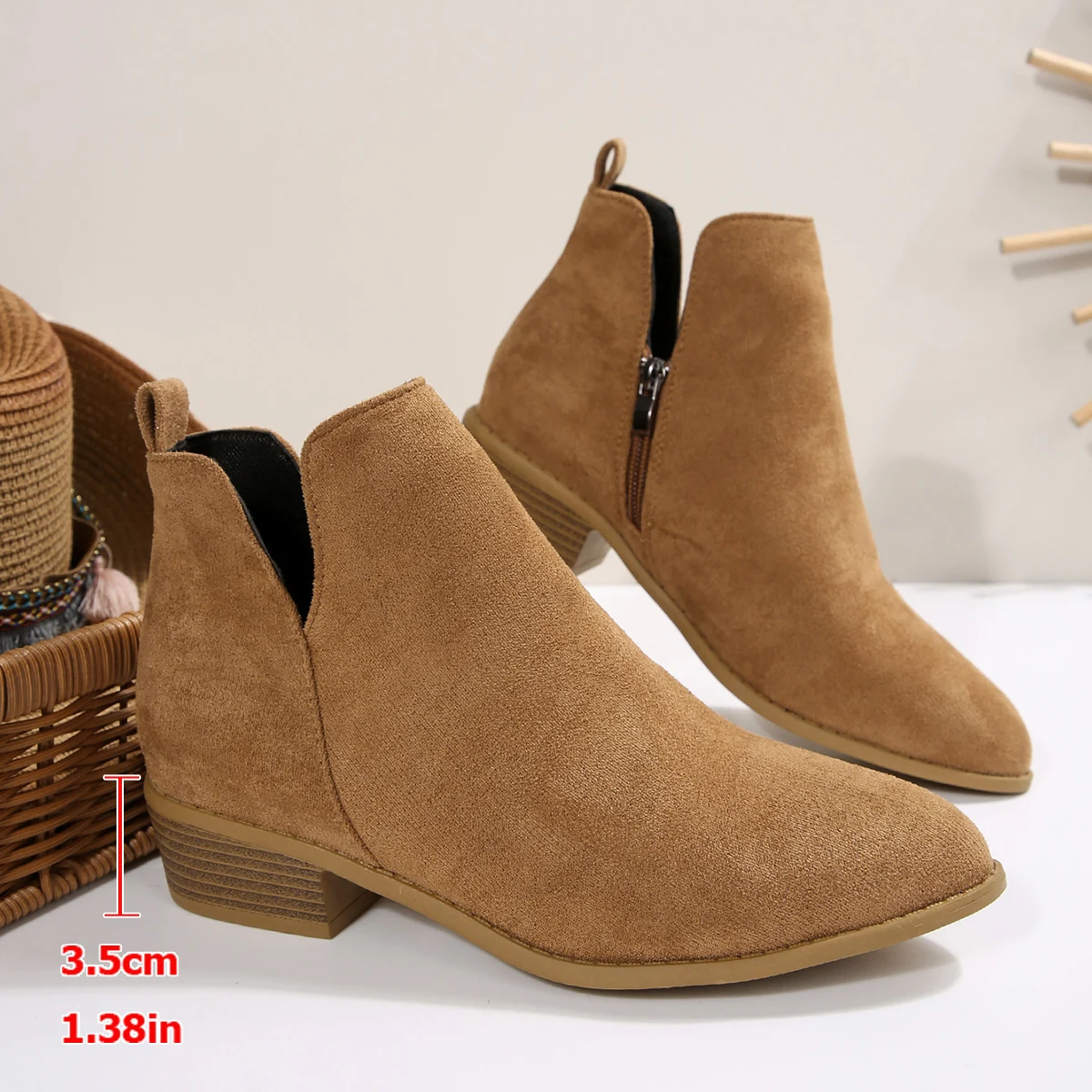 

Women's Natural Suede Elastic Low Heel Shoes Autumn and Winter Ankle Boots Square Toe Casual Short Boots Size 36-43