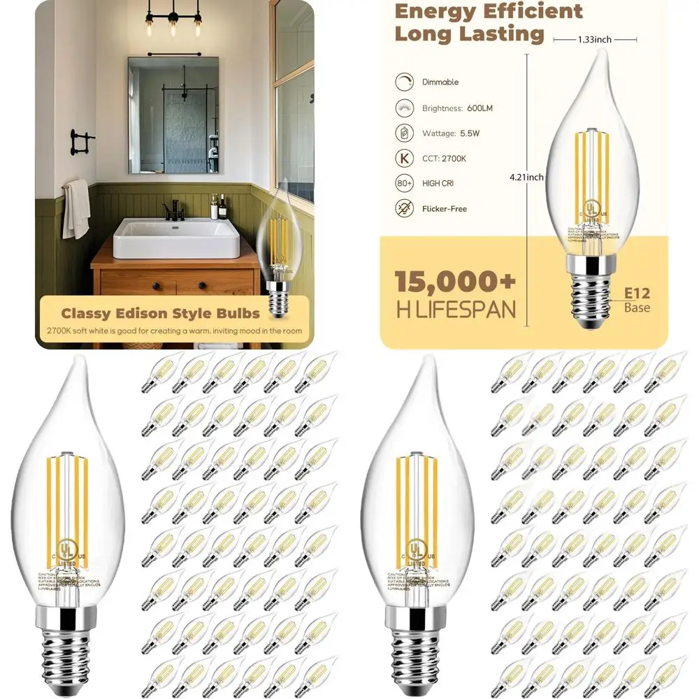 

Dimmable 60W LED Candelabra Bulbs, 5.5W Warm White, 600LM, Vintage Filament, 48-Pack