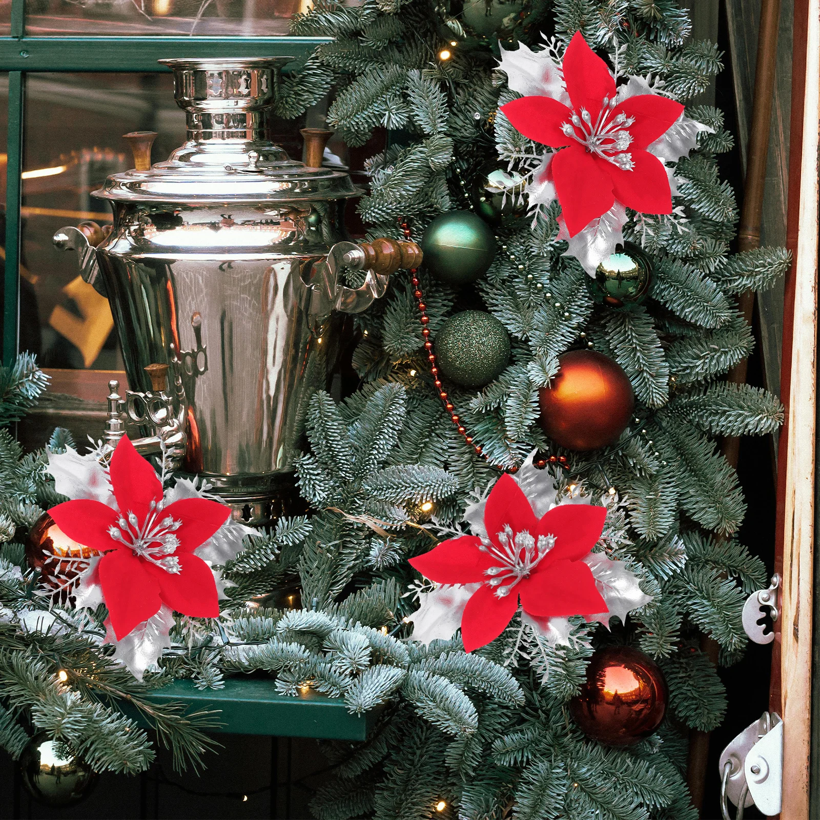 

6Pcs Christmas Flower Decorations Realistic Artificial Poinsettia Clip Cloth Floral Brooch Holiday Wedding Wreath Xmas Tree