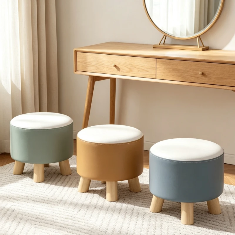 Round Leather Ottoman Stool With Wooden Legs For Living Room Sofa Footrest Entryway Shoe Changing Modern Home Decor Durable