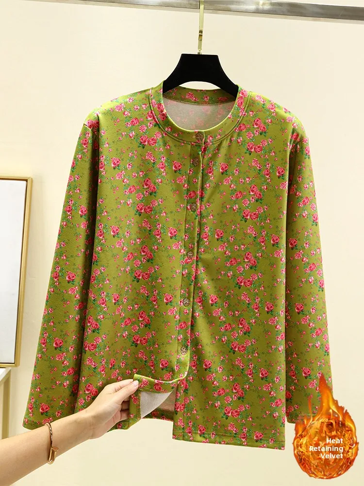Warm Fleece Lined Oversized German Velvet Coat Women Winter Thickened round Neck Floral Open Cardigan Large Size Sleepwear Ca...