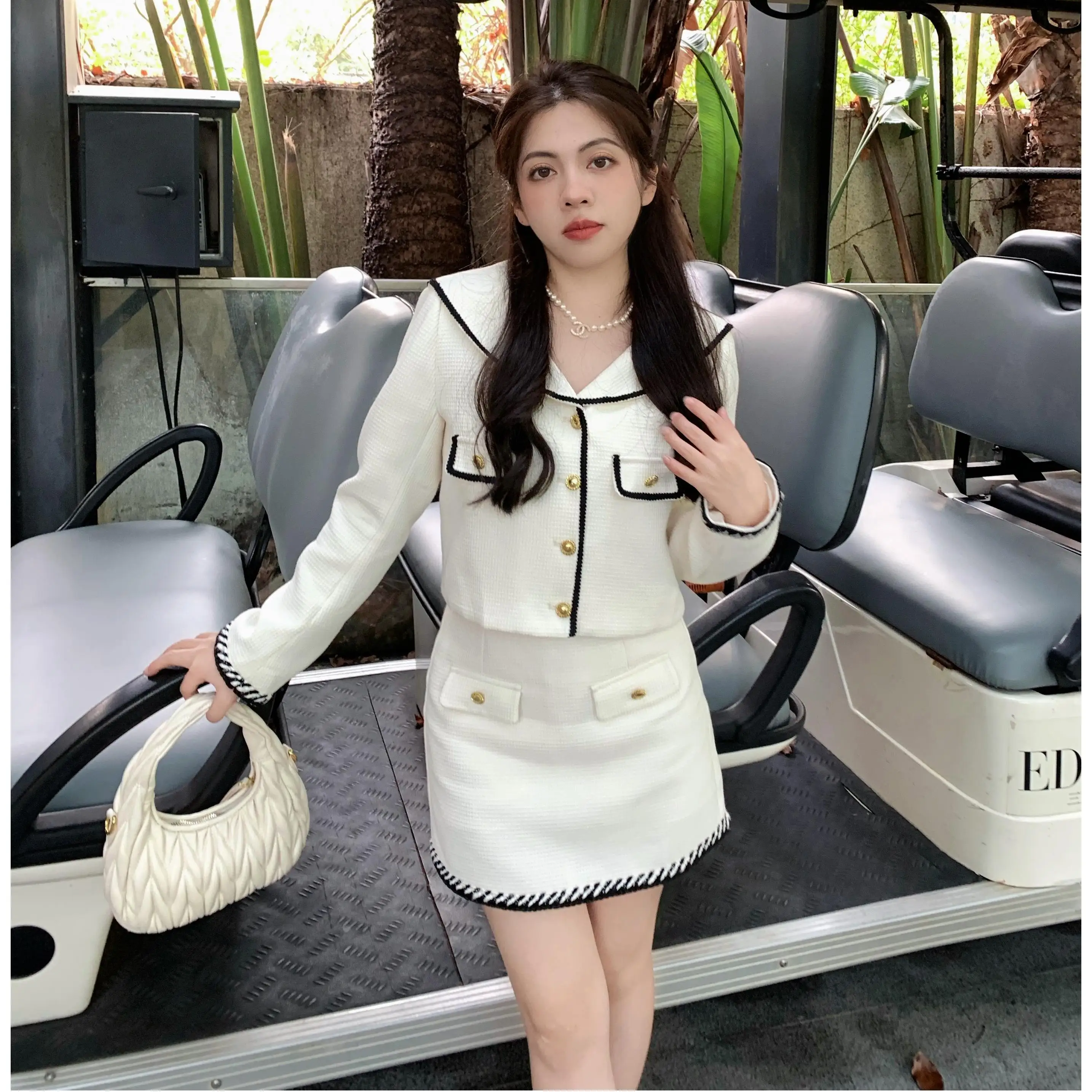 

Large Eye Miu Style Navy Collar Set High Waist Half Skirt Fashionable Ensemble Short Sleeve Long Pants Polyester Fabric