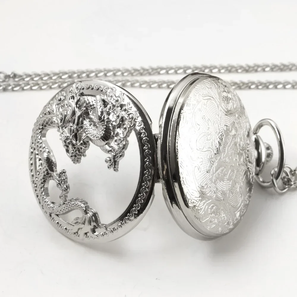 

Серебряные карманные часы с китайским драконом в стиле стимпанк, антикварные винтажные кварцевые часы с цепочкой, кулон, ювелирные изделия, подарок для женщин и мужчин