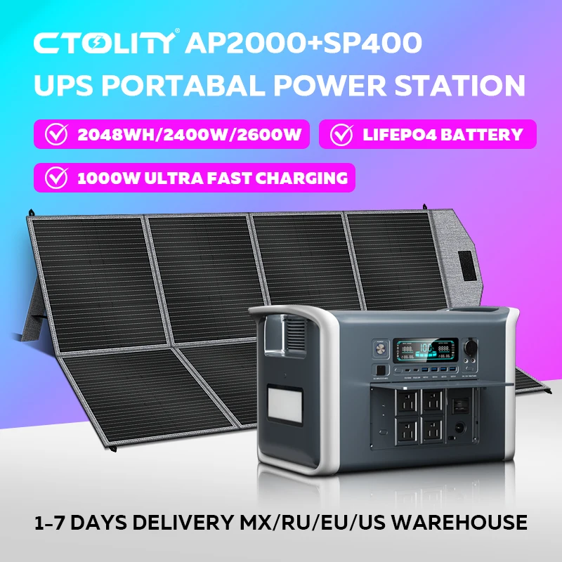 

Электростанция 2600 Вт, солнечная панель 400 Вт, портативный солнечный генератор, аккумулятор Lifepo4, 2048 Втч, розетки переменного тока, зарядная станция