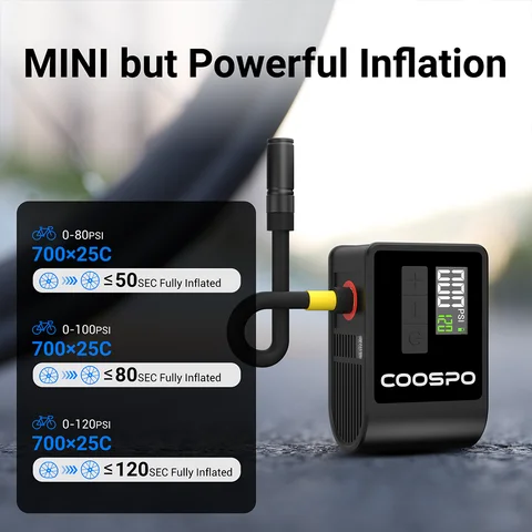 COOSPO Портативный электрический насос для велосипедов с LCD-дисплеем — фото модели