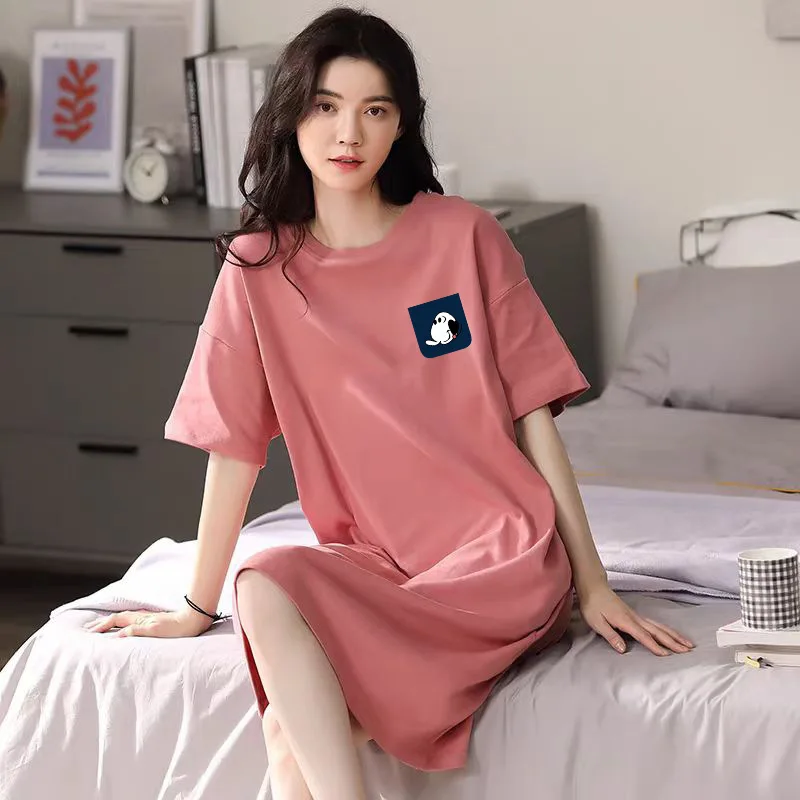 Women Pajama Sleep Dress Home Wear Spring Summer Short Sleeve Loose New Plus Size Cartoon Print Mid-Length Pajama Sleep Dress