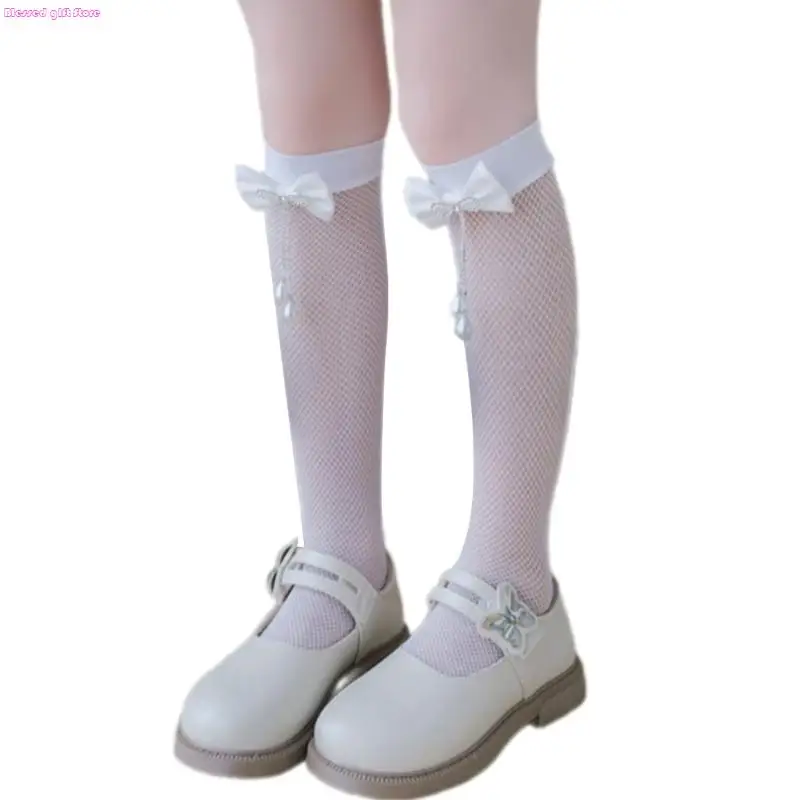 D0JC Girls Breathable Over Knee Socks Embellished Decorative Pearls Bowknot Charm