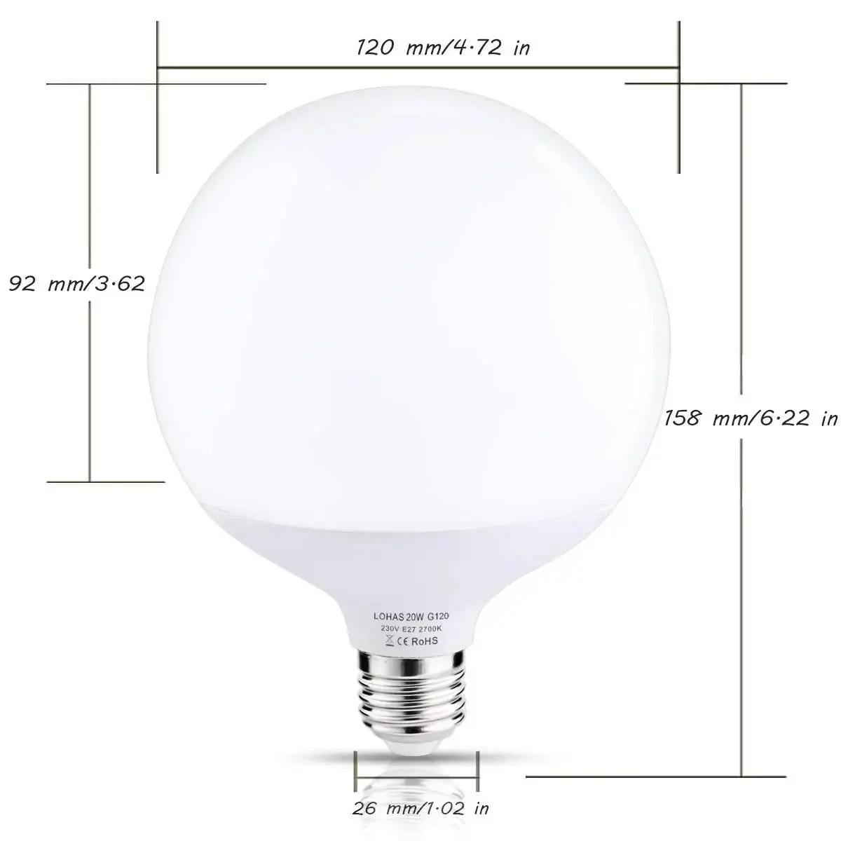 E26 E27 LED Light Bulb 20W Globe G120 Lamp Edison Screw 200W Equivalent Daylight 5/6000K Warm White 2700K 1800lm for Home Using