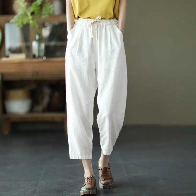 Women Summer Simplicity Loose Cotton and Linen Solid Color Waist Harem Ladies Large Size Casual All-match Trend Cropped Pants