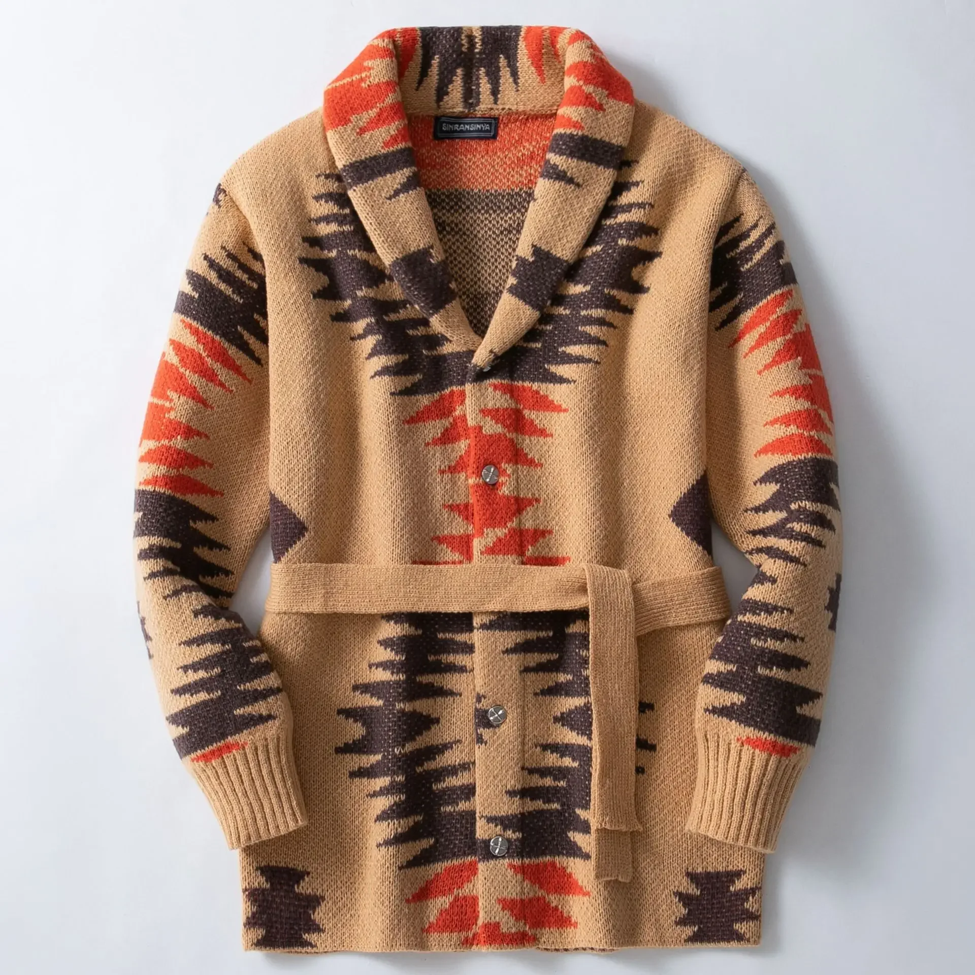 Cardigan da uomo autunno inverno cappotto di media lunghezza colletto rovesciato cappotti con stampa cintura con lacci giuntura maglioni casual a punto aperto