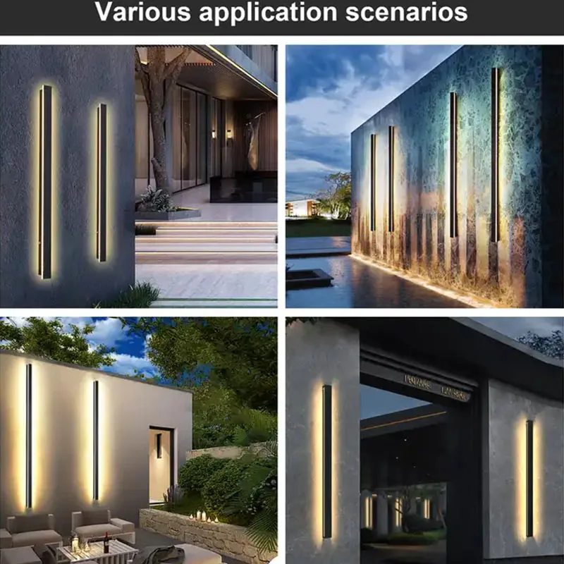 Long Strip Outdoor Wall Sconces IP65 Anti Rust 3000K 4500K 6000K Black Waterproof Linear Wall Mount Lighting for Porch Courtyard