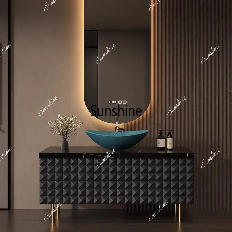 Light luxury retro style oak bathroom cabinet rock slab integrated table basin combination