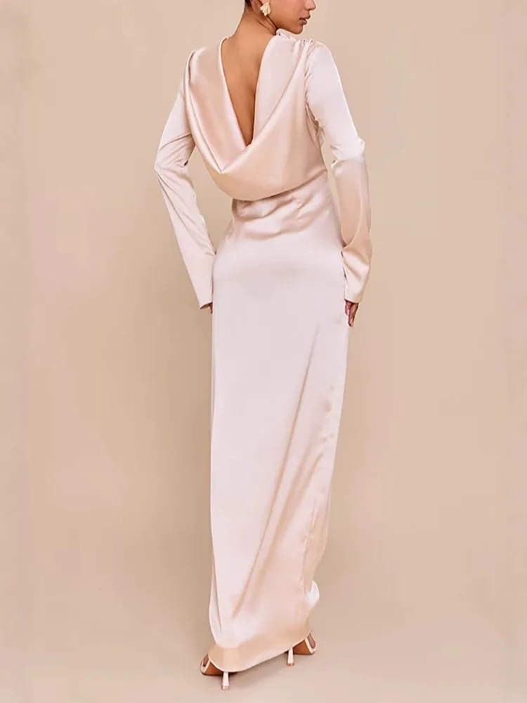 الخريف بسيط بلون عارية الذراعين فستان الحفلات مزاجه أنيقة سليم صالح فستان ستان جديد 2026 عيد الميلاد س الرقبة رداء فساتين