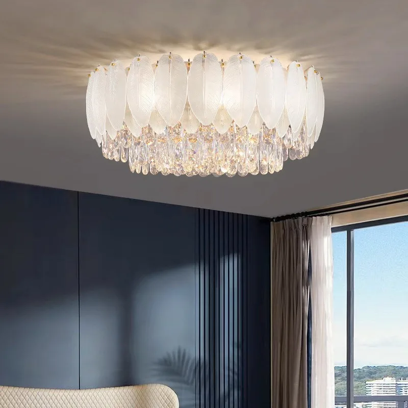 

French Cream Style Pendant Lamps Luxury Crystal Chandelier Living Room Designer Dining Room Villa Hotel Feather Ceiling Lights