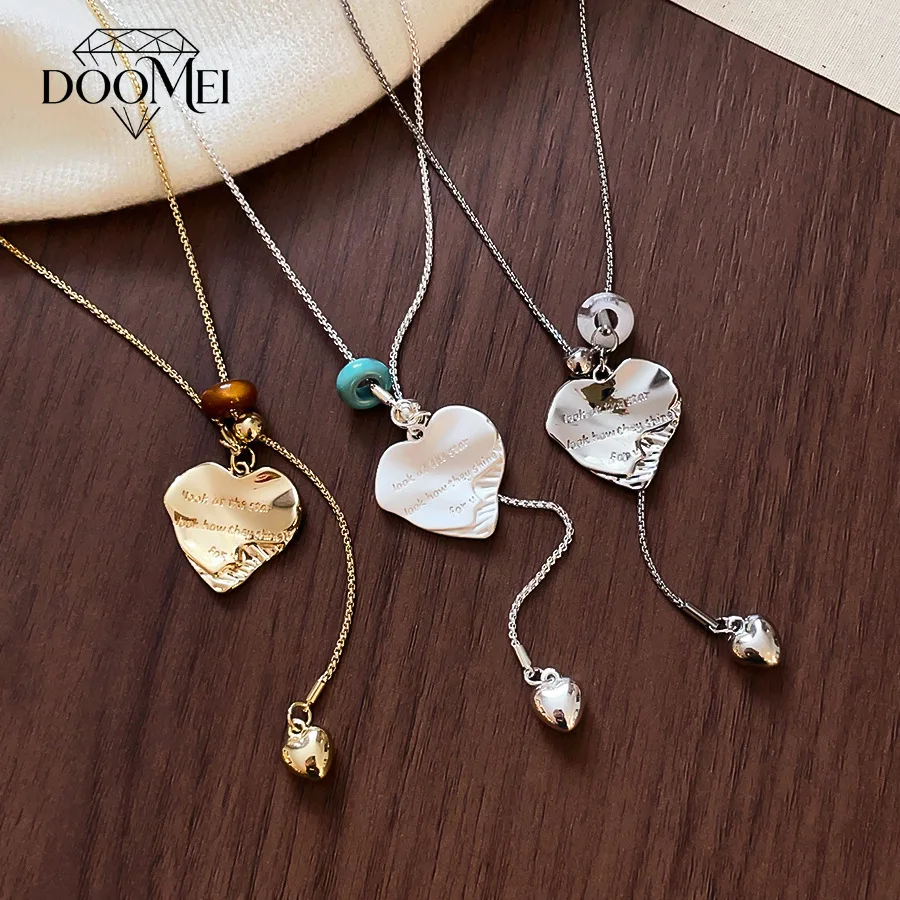 DOO MEI Dainty Engraved Heart Pendant Necklace for Women Adjustable Lariat  Minimalist Daily Dating Anniversary Gift Jewelry