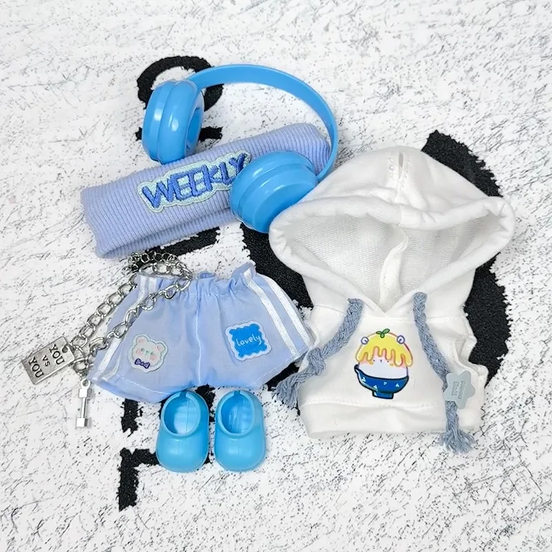 Für 17 cm labubu Puppe Kleidung Blau Casual Set Kompatibel mit V1V2V3 Plüsch Spielzeug Transformation Set Mode Puppe Zubehör