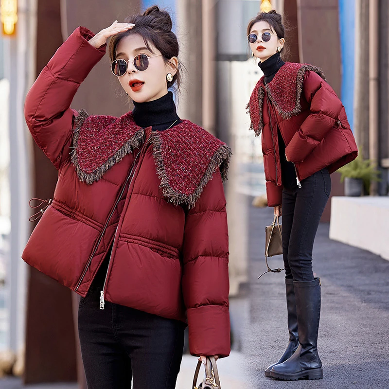 

Patchwork Down Coats for Women, Elegant Jackets, High-end Outerwear Large Lapel Thick Warm Short Puffer Coats Stylish Winter New