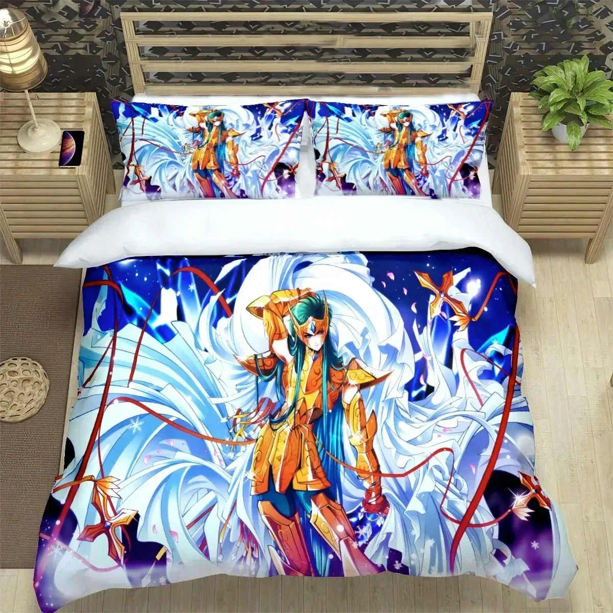 Juego de cama Saint Seiya 3D, funda nórdica negra, funda de edredón, funda de edredón, funda de almohada, funda de edredón de poliéster tamaño King Queen