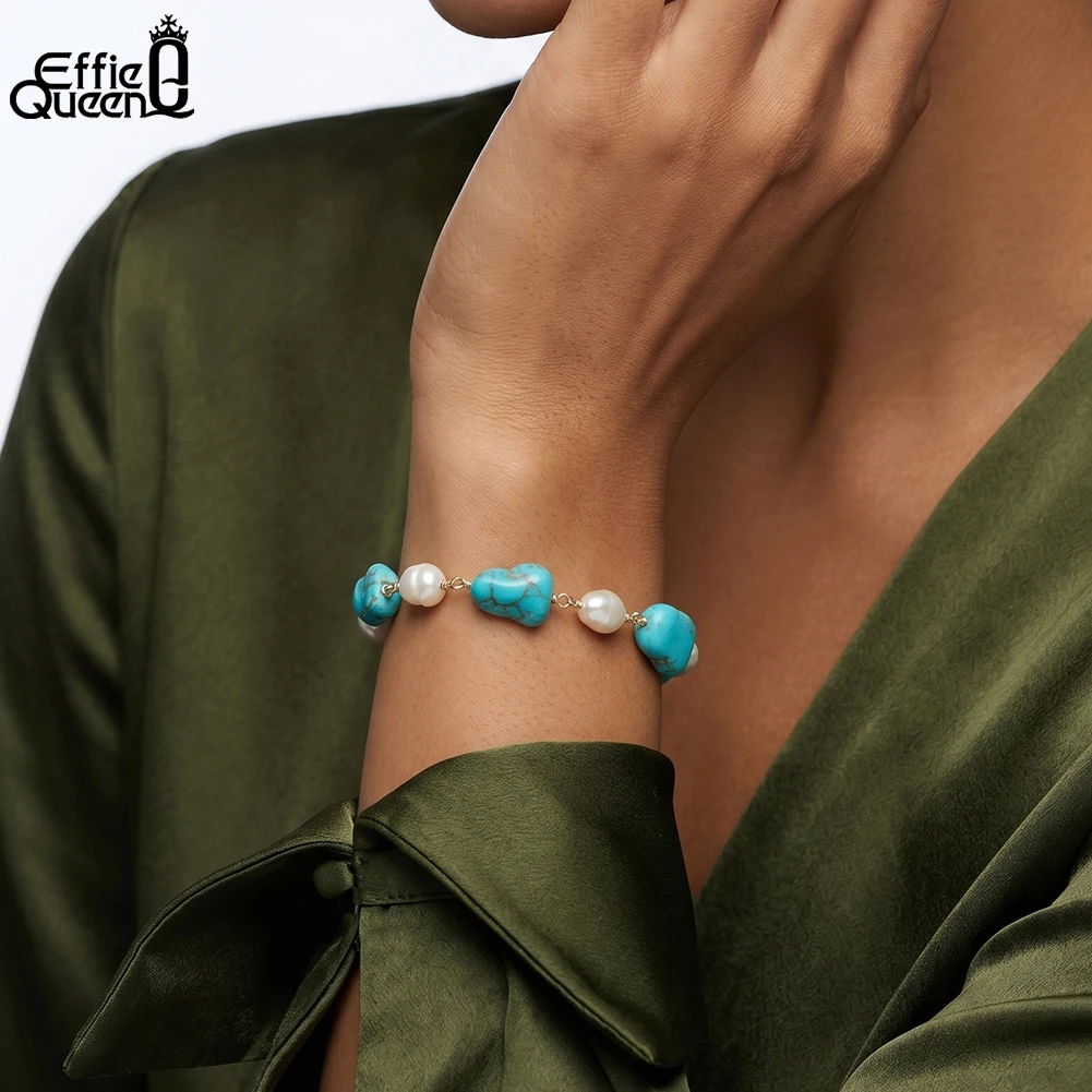 

Effie Queen Vintage Natural Turquoise Bracelet With Baroque Pearl 925 Sterling Silver Turquoise Stone Chain Bracelet Party MPB16