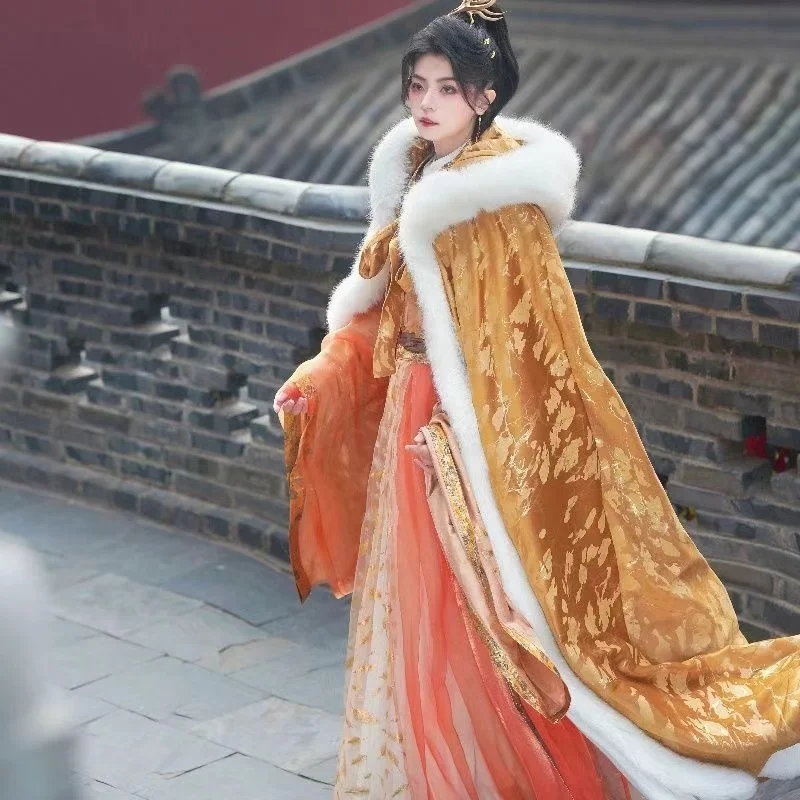 Original Autumn Winter Hanfu Cloak Hot Stamping Gold Woven Velvet Costume Vintage Palace Style Royal Outer Robe Cloak Women