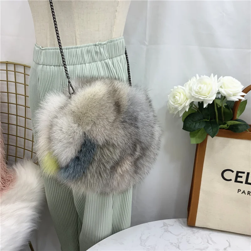 Real Fox Fur Small Round Bag Women Single Shoulder Bag Natural Colorful Fur Bag Handbag For Women Real Leather Evening Party Bag