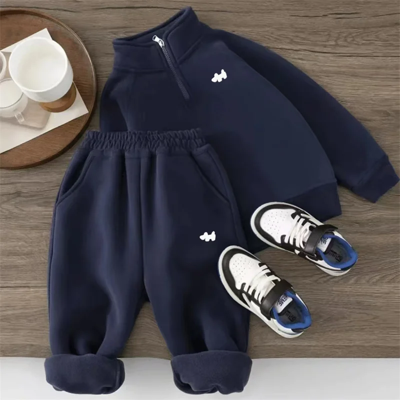 Children's Padded Suit Boys Thermal Set Girls Fleece Sweatshirt Pants 2Pcs Winter Warm Sports Outfits Kids Autumn Casual Clothes