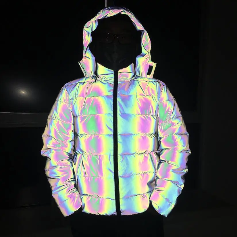 Women's Fashion Reflective Puffer Parkas Hooded Windproof Puffey Overcoat Cotton Padded Thick Thermal Jacket Colorful Reflect
