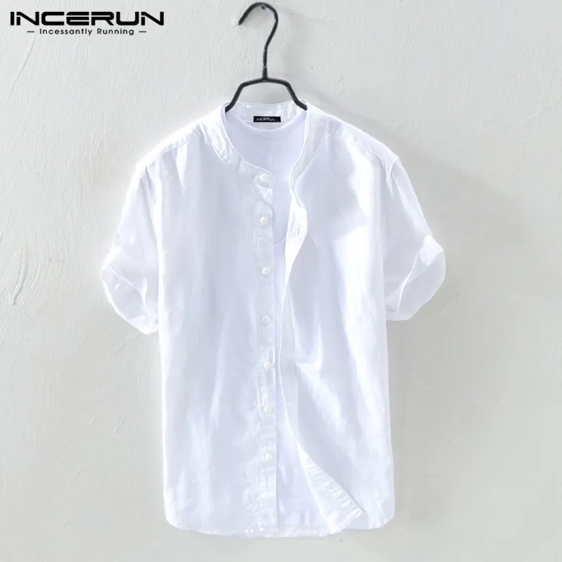 INCERUN 2023 Men Shirt Cotton Stand Collar Short Sleeve Streetwear Harajuku Camisas Solid Color Casual Men Brand Shirts S-5XL