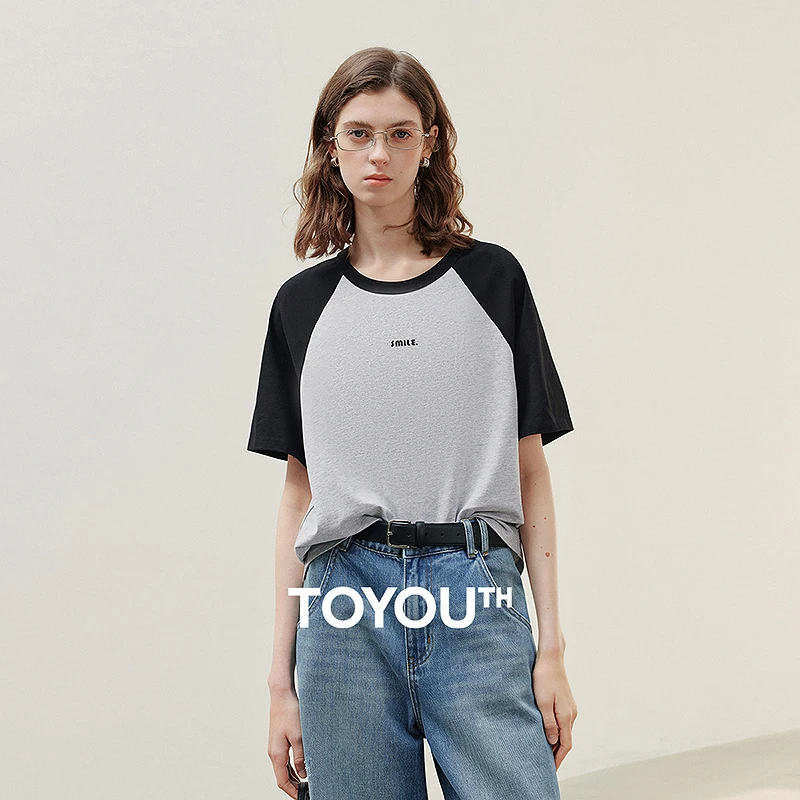 

TOYOUTH Women Short Sleeve T shirt 2025 Summer New Color Blocked Raglan Sleeve Letter Printed Pure Cotton Antibacterial T-shirt