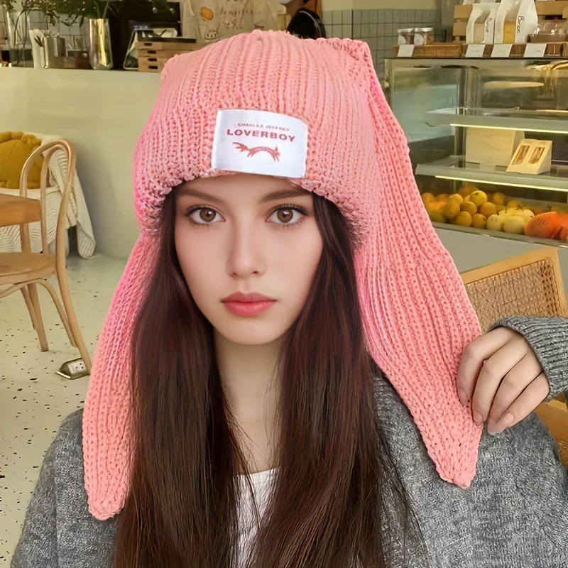 New Rabbit With Ear Label Patch Black Knit Hats Winter Warm Thick Elastic Skull Cap Long Bunny Ears Cuffed Beanies For Women