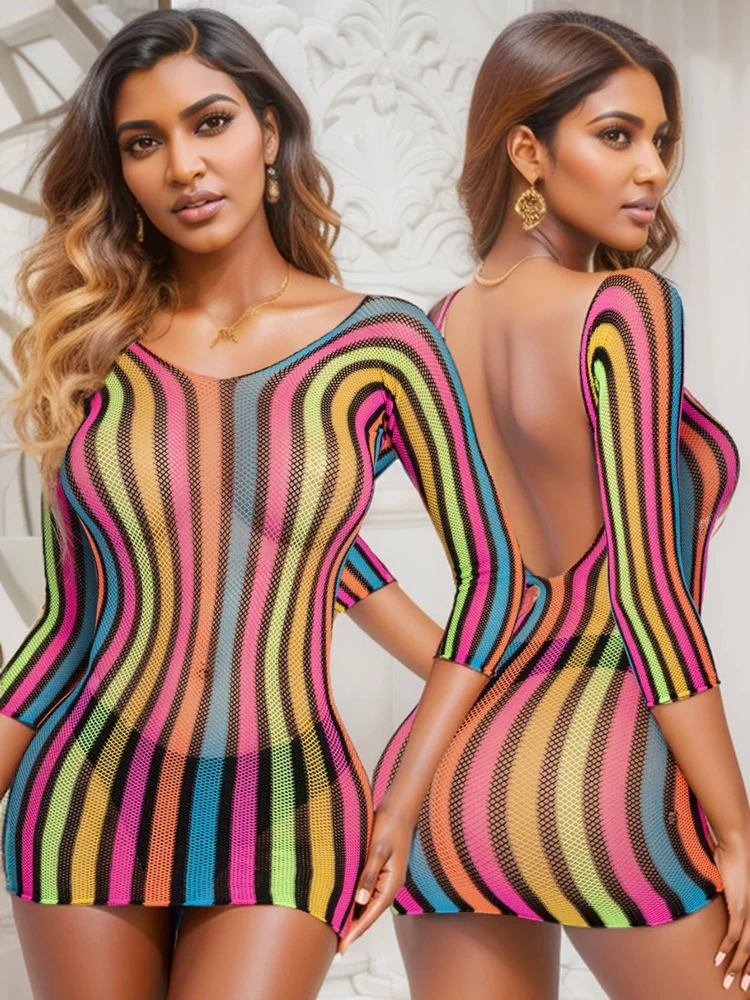 Ropa interior con espalda descubierta de colores arcoíris para mujer, ropa de dormir Sexy de rejilla, vestido Bodycon de malla erótico exótico, gran oferta