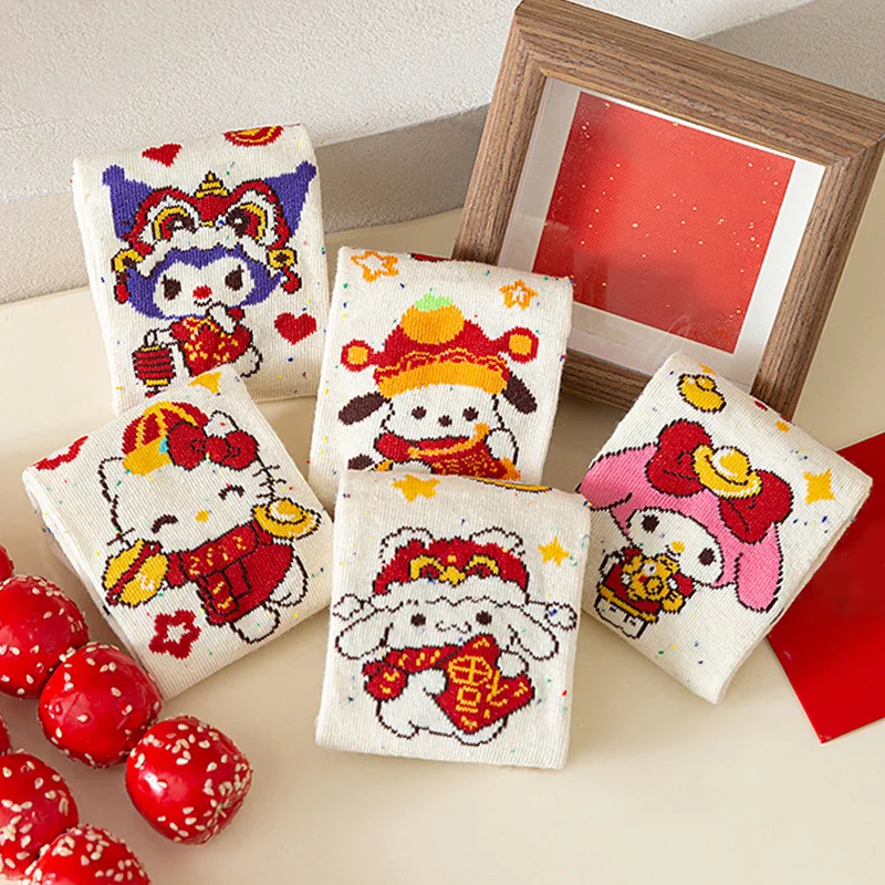 

For Hello Kitty, Cute and Sweet Women's Calf Socks Miniso New Year Series Cartoon Pattern