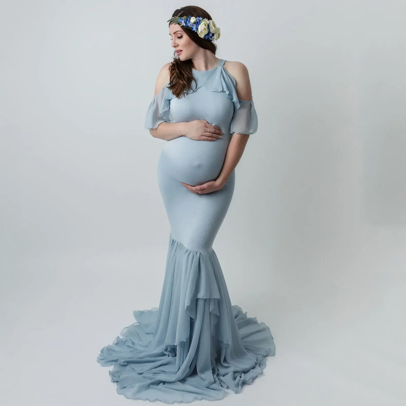 

2021 NewsMaternity Clothing Photography Props Lace Leaky Shoulders Floor-length Dresses For Pregnant Women платье для беременных