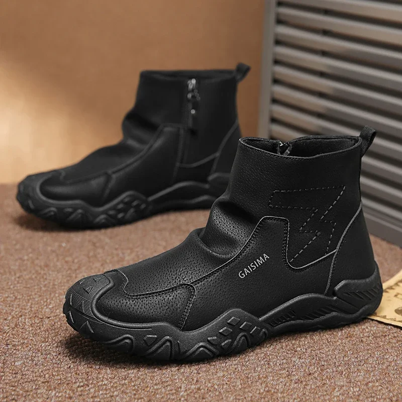 Autumn New Zipper Pleated Non Slip Comfort Thick Soled Wear-resistant Fashion Flat Boots Men's Boots High Cut Workwear Shoes