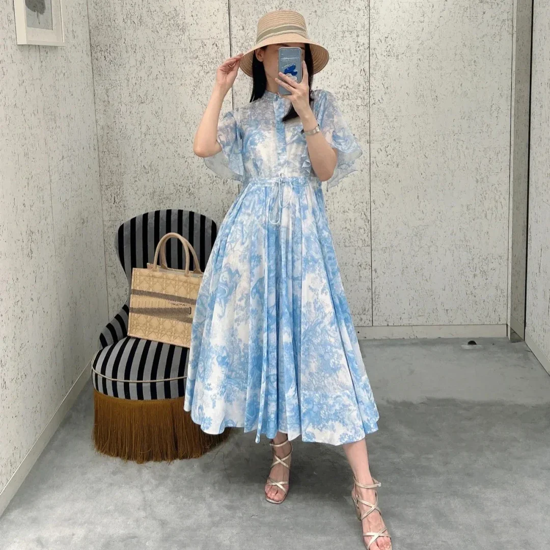 

2024 New Two-piece Long Dress with Seaside Holiday Print Flared Sleeves Lace Up Blue Hem Elegant Dress Vestidos Dresses Sexy