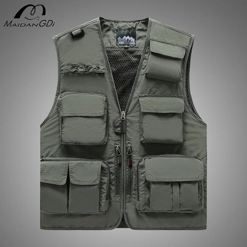 MAIIDANGDI Men's Multi Pocket Workwear Vest Casual Outdoor Fishing  Photography Camisole  Advertising Shirt Jacket Printed