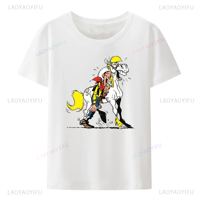 Tshirt Lucky Luke Dalton Jolly Jumper Daisy Town Fumetto Print Short Sleeve Tee Cotton Clothes for Men Clothing Camiseta Hombre