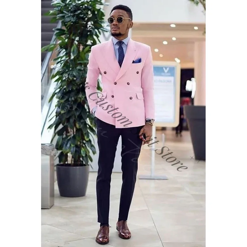 

Double Breasted African Suits For Men Slim Fit 2 Piece Pink Casual Blazer Pants Peaked Lapel Custom Wedding Tuxedo For Groom